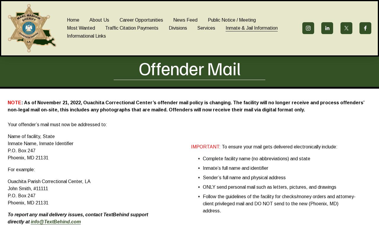 Ouachita Parish arrest records and OCC offender mail