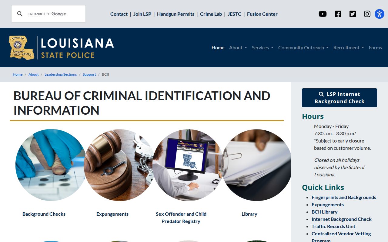 Louisiana State Police BCII criminal history services page
