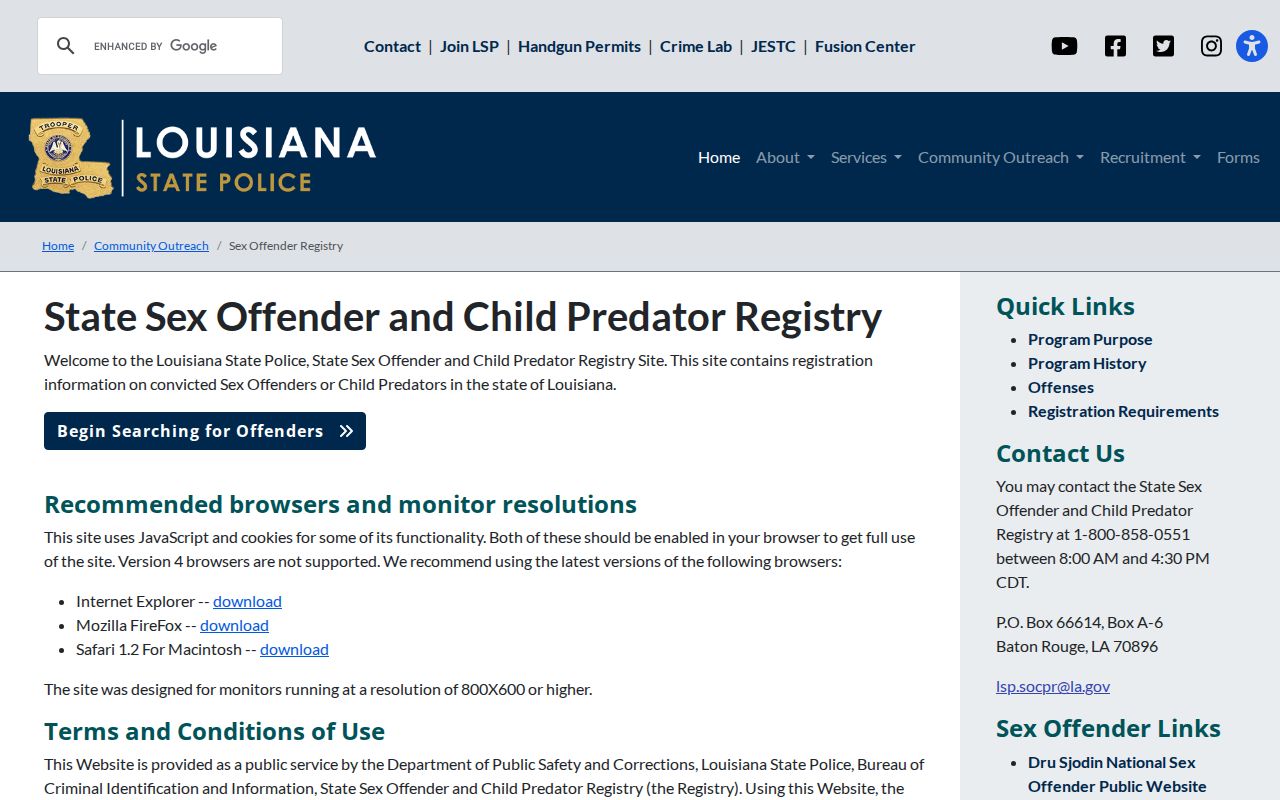 Ouachita Parish sex offender lookup on the Louisiana registry